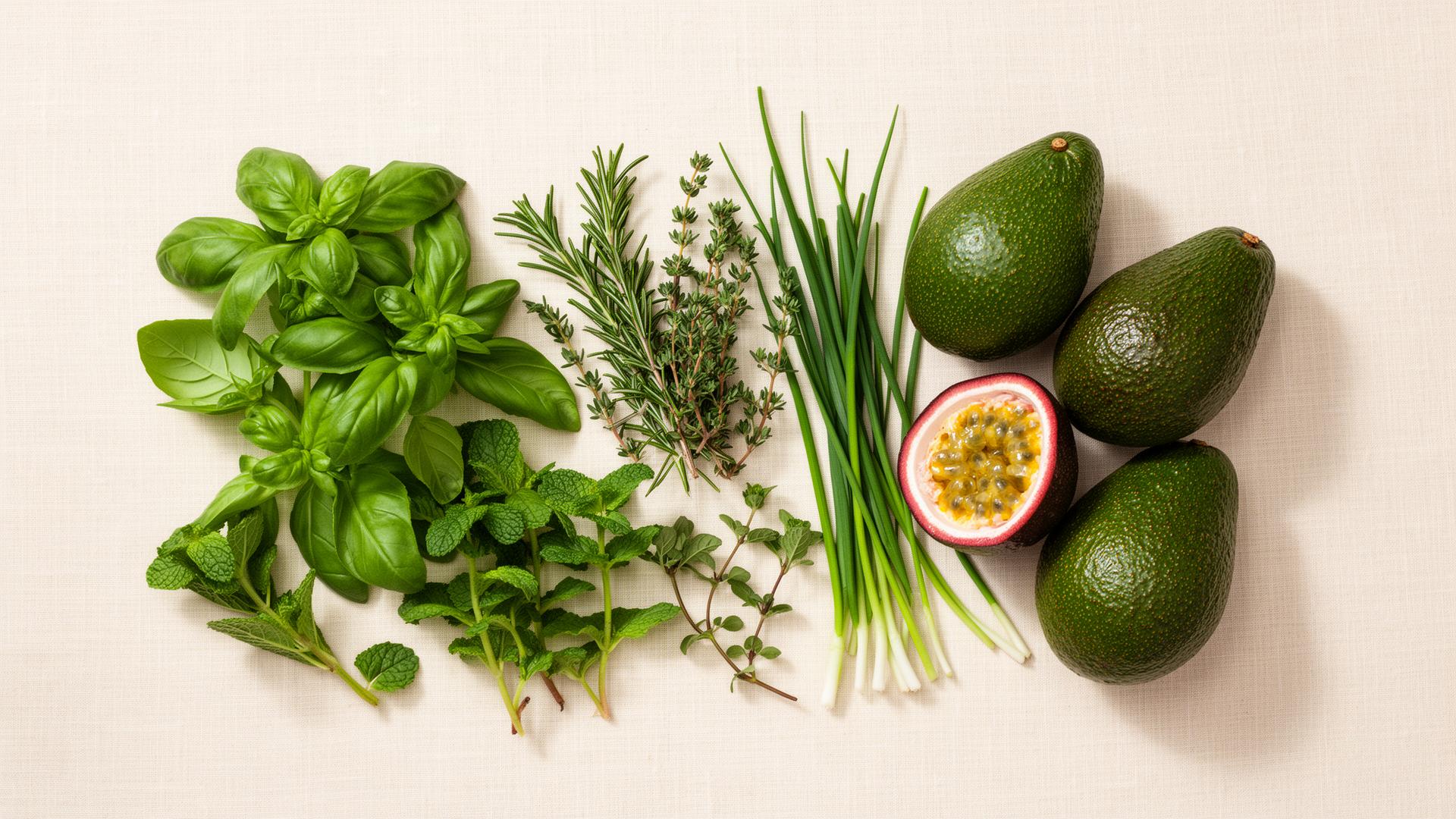 Fresh basil, rosemary, thyme, mint, chives, oregano, avocado and passion fruit